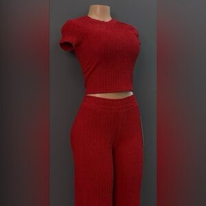 Women's Red Ribbed Knit Set